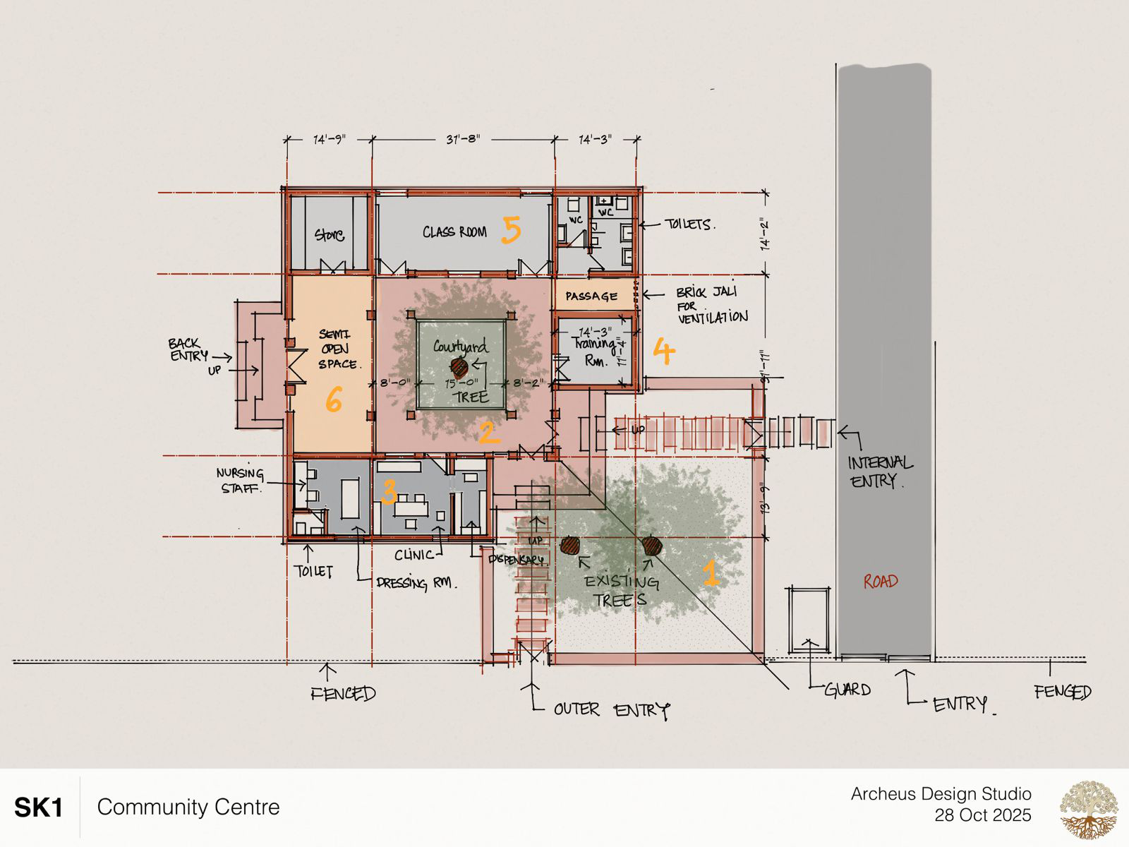 Architectural floor plan showing courtyard, clinic, dispensary, classroom and training room